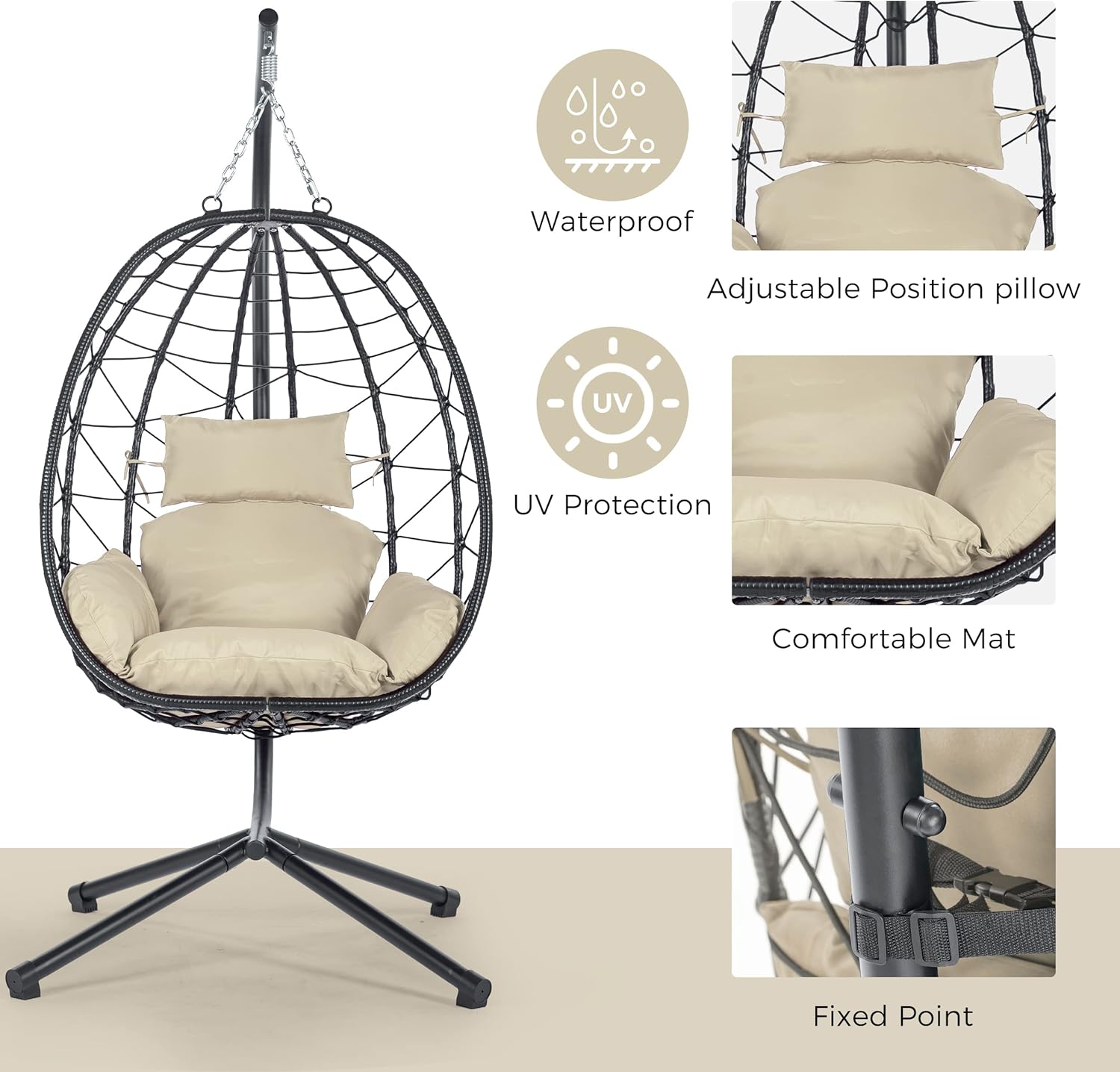 Indoor outdoor egg chair with stand, rattan hanging outdoor hanging chair with cushion, egg shaped hanging basket hammock chair for bedroom, living room and balcony