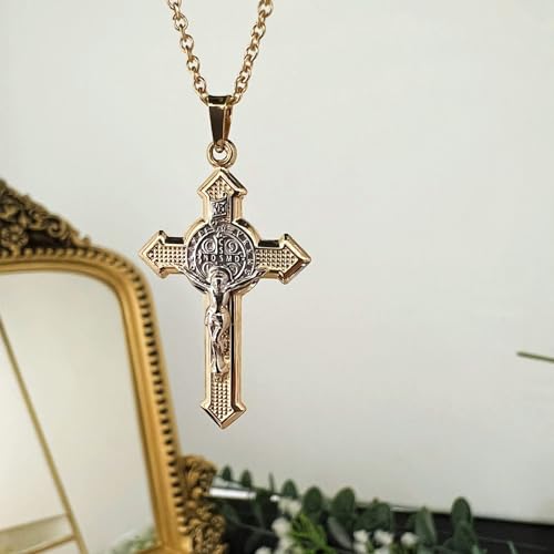 RP 14k Two Tone Gold Saint Benedict INRI Crucifix Cross Reversible Pendant Patron St. Benedict Fine Religious Jewelry for Him & Her