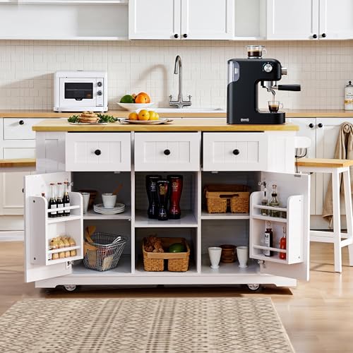 53" Rolling Large Kitchen Island Set with Power Outlet,Mobile Carts with Storage Cabinet,Extra Drop Leaf,3 Drawers and 5 Open Side Racks,Wood Table for Dining Room (Island & Stools)