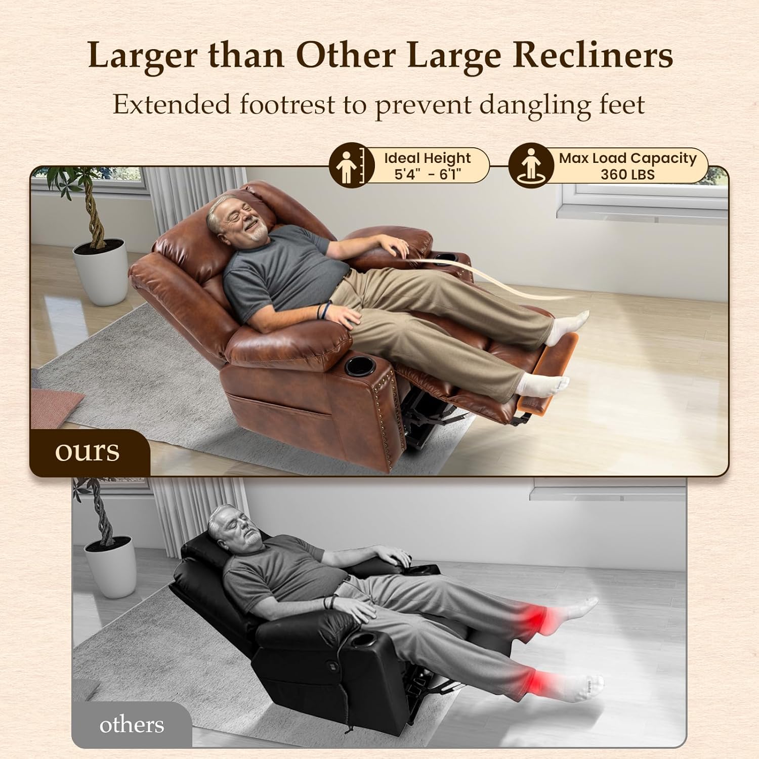 Large Power Lift Chairs Recliners for Elderly with Extended Footrest, Lift Chairs with Heat and Massage, Big and Tall Overstuffed Wide Recliner, 3 Positions Recliner