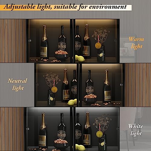 Hitow Glass Door Cabinet with Lights and 4 Storage Shelves, Tall Modern Display Storage Organizer with 2 Drawers and 2 Doors, Wooden Bookcase Bookshelf for Living Room, Home Office, Black