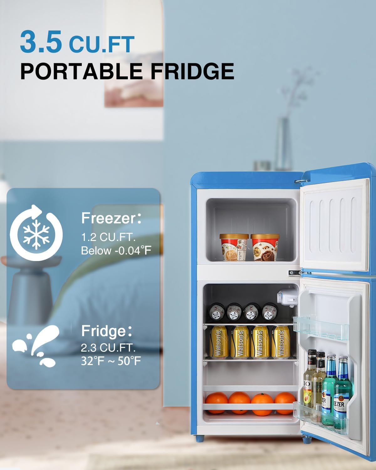 Compact Refrigerator Double Door Mini Fridge with Freezer, 3.5 Cu.ft Mini Refrigerator with 7 Level Adjustable Thermostat for Office, Dorm, Apartment, Blue