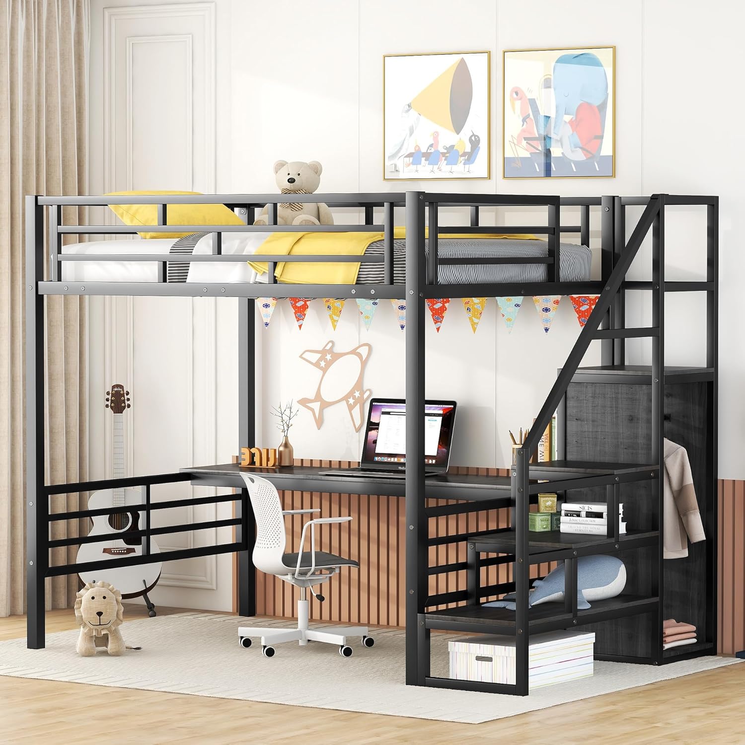 CITYLIGHT Full Loft Bed with Desk and Wardrobe,Metal Loft Bed Full Size with Storage Stairs and Guard Rail,Space Saving Loft Bed with Desk Underneath for Kids Teens,Black