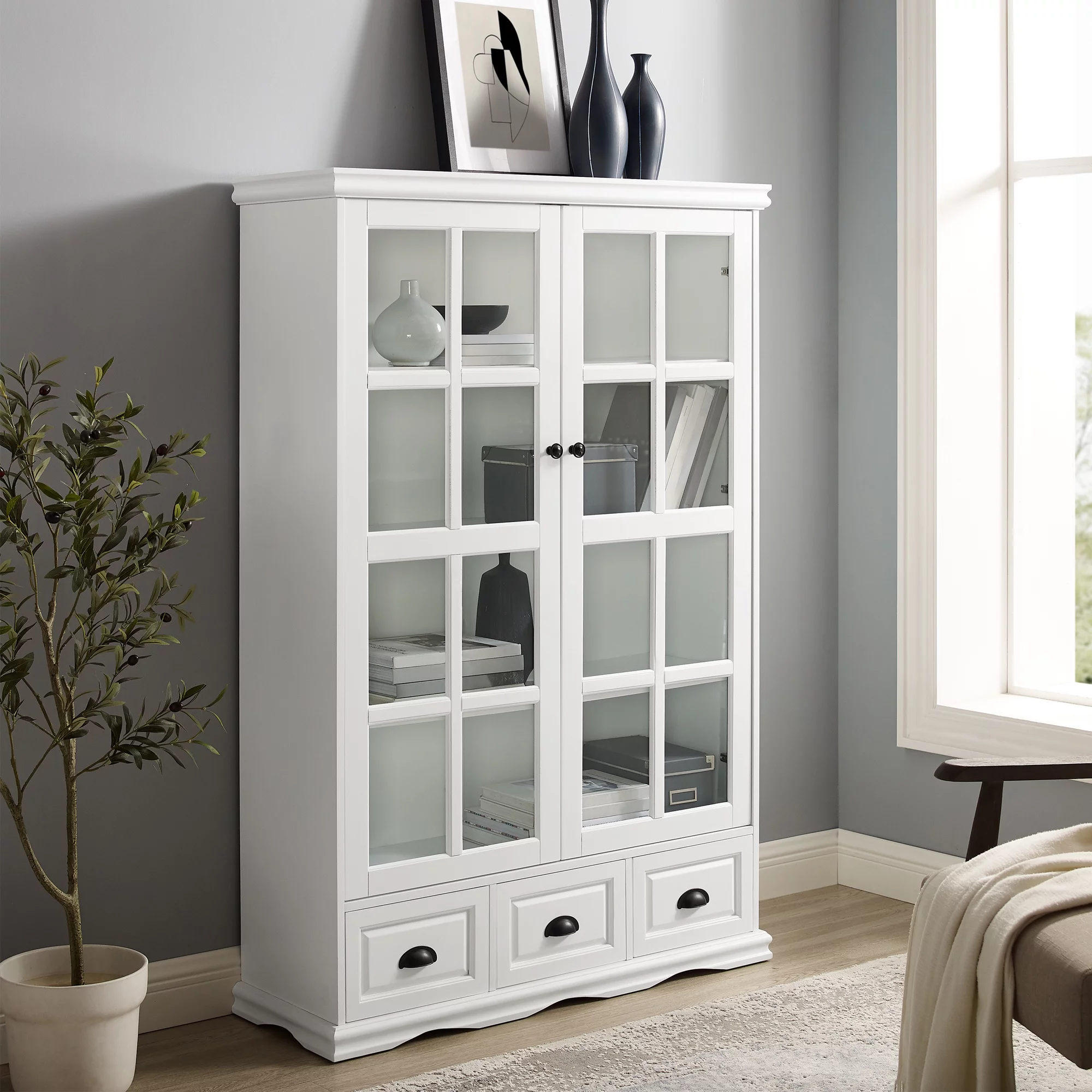 Storage Cabinet with Tempered Glass Doors Curio Cabinet with Adjustable Shelf Display Cabinet with Triple Drawers, White