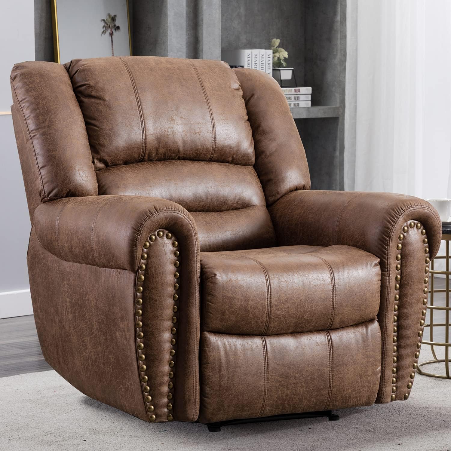 CANMOV Leather Recliner Chair, Classic and Traditional Manual Recliner Chair with Comfortable Arms and Back Single Sofa for Living Room, Brown