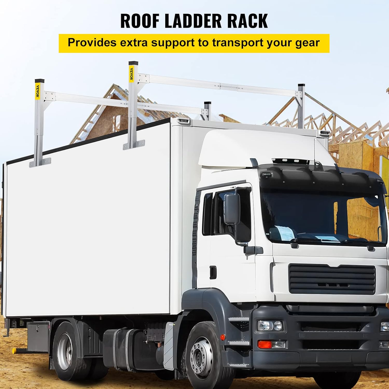 VEVOR Universal Roof Ladder Rack, Fit for 6.2'-8.3' Wide Vans, 2 Bars Adjustable Aluminum Trailer Ladder Rack with 330 LBS Capacity, for Cargo Vans Trucks or Pickups, Silver