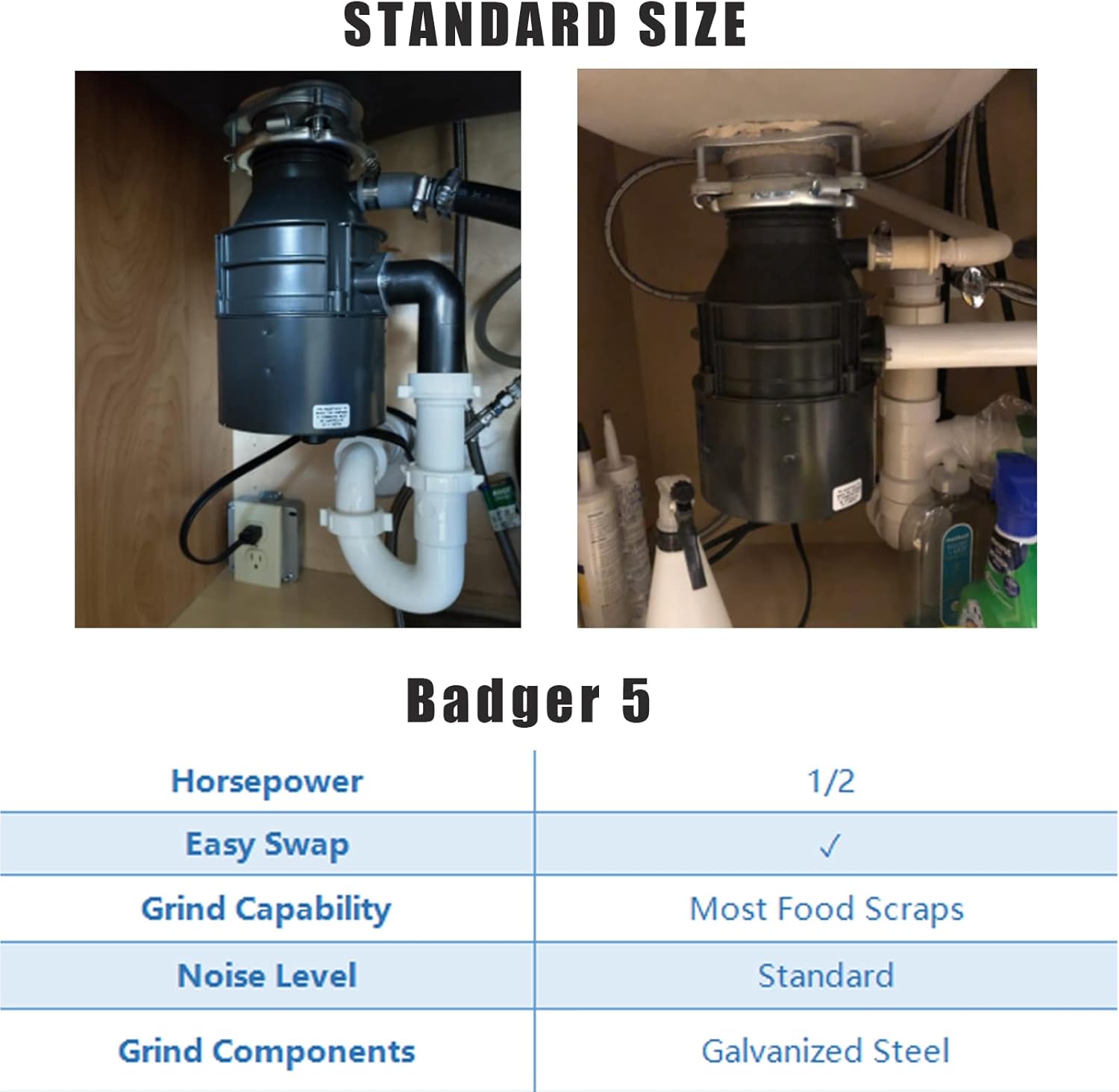 Garbage Disposal with Cord, Badger 5, 1/2 HP Continuous Feed, Black