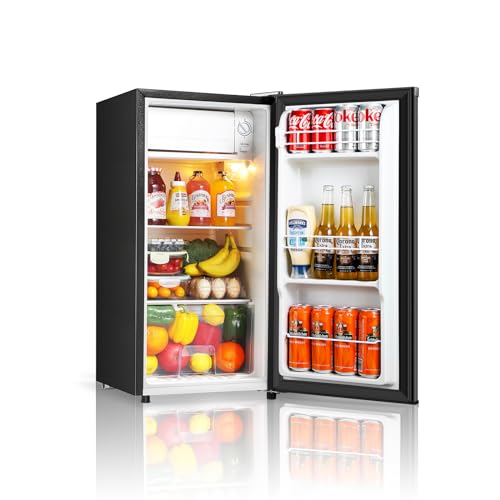 Seaoola Mini Fridge with Freezer, Single Door 3.1 Cu.Ft, Compact Mini Refrigerator, LED Light, Adjustable Thermostat, Removable Glass Shelves, Small Refrigerator for Dorm/Office/Bedroom(Black)
