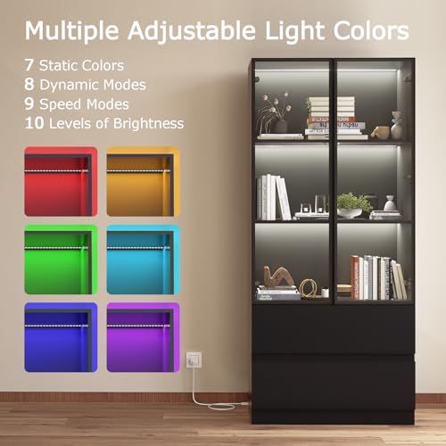 Glass Display Cabinet, Display Case Cabinet with LED Lights, Display Cabinet with Glass Door, Curio Cabinet with 3-Tier Shelves and 2 Drawers, Storage Cabinet for Living Room, Bedroom