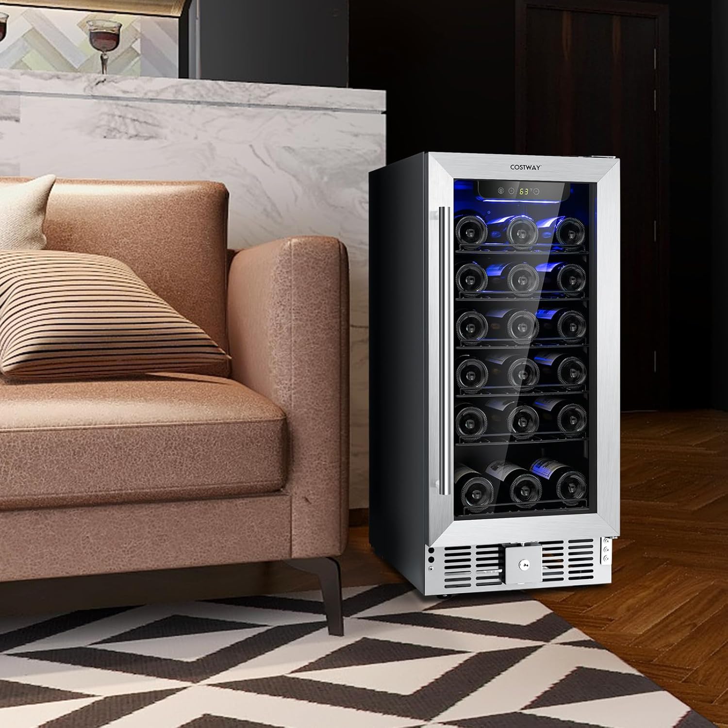 COSTWAY 15 Inch Wine Cooler Refrigerator, 30 Bottles Stainless Steel Wine Cellar with Lock, Tempered Glass Door, Built-in & Freestanding Compressor Mini Wine Fridge for Home Bar Office