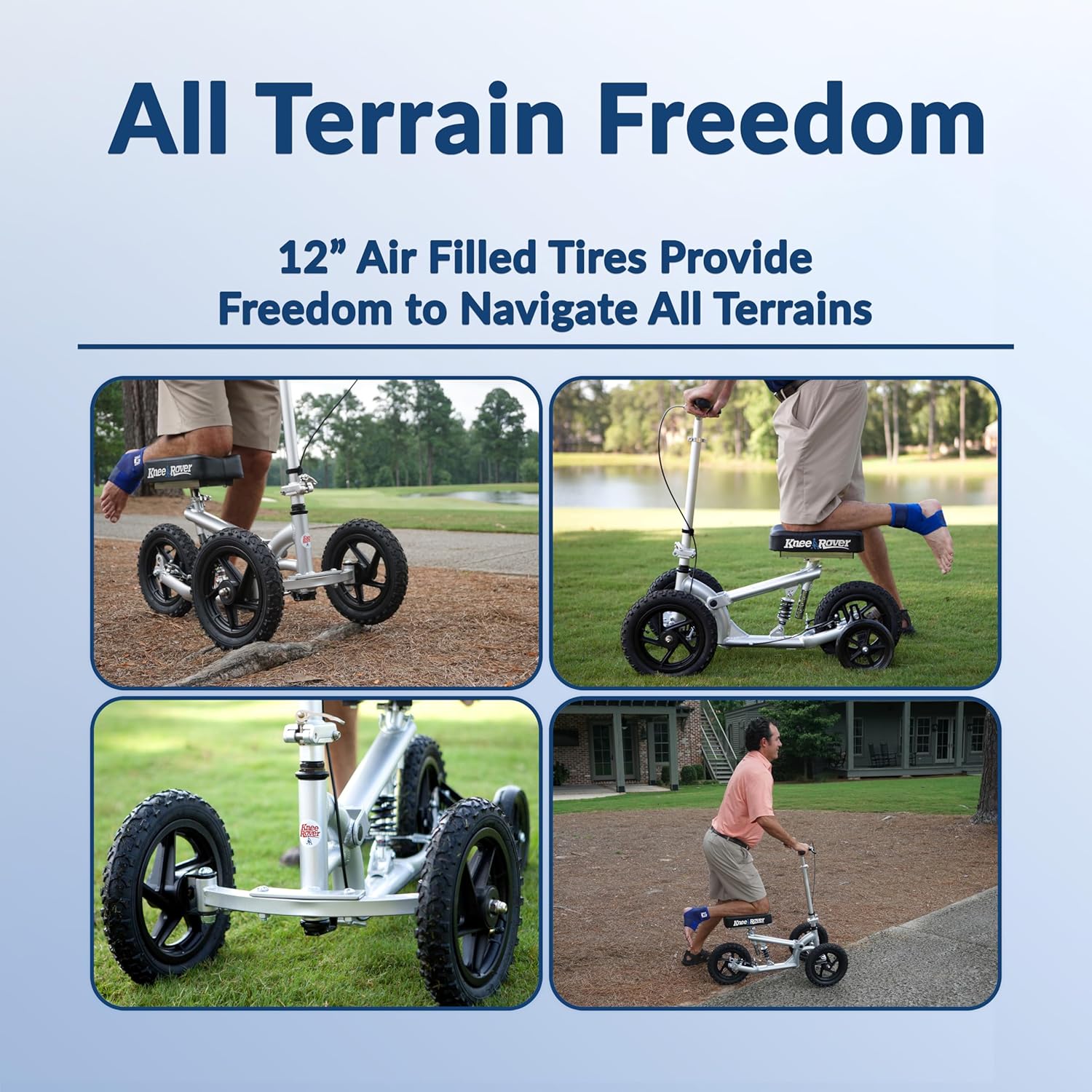 KneeRover PRO All Terrain Knee Scooter with Shock Absorber for Adults for Foot Surgery Heavy Duty Knee Walker for Broken Ankle Foot Injuries - Leg Scooter Best Knee Crutch Alternative (Silver)