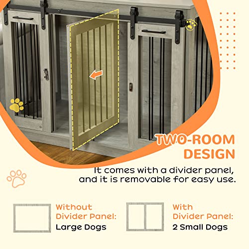 PawHut Dog Crate Furniture with Divider, Dog Crate End Table for Small to Large Dogs, Large Indoor Dog Kennel with Double Doors, 47" W x 23.5" D x 35" H, Oak