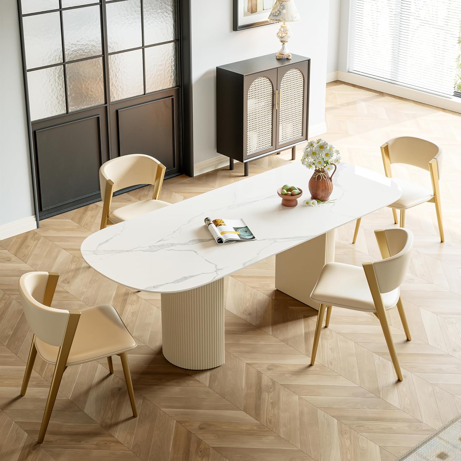 55.11" Oval Dining Table for 4 to 6, Marble Kitchen Table Sintered Stone Tabletop with Carbon Steel Pedestal Base, Modern Dining Room Table for Restaurant Furniture White
