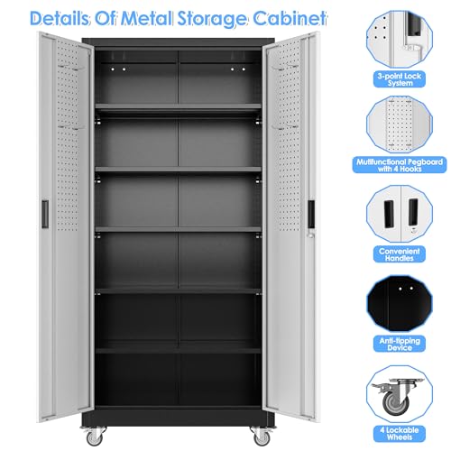Aobabo Garage Storage Cabinet with Wheels,72" H Metal Storage Cabinet with 2 Doors and 4 Adjustable Shelves for Garage Home, Black,Required-Assembly