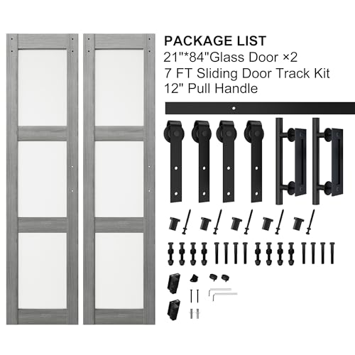 BARNSMITH 21x84in Double Glass Barn Door with 7FT Brushed Nickle Sliding Door Hardware Kit Included & Handle,3-Panel Frosted Glass Solid Wood Water-Proof PVC Surface,Pre-Drilled Easy Assembly,White