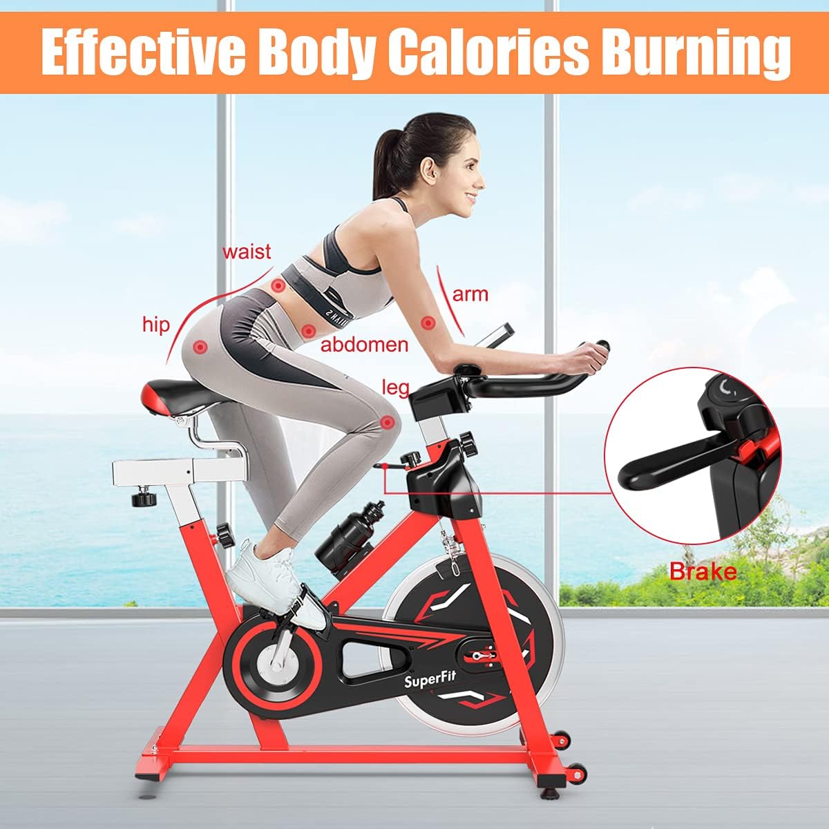 GYMAX Indoor Exercise Bike, 30 LBS Flywheel Adjustable Stationary Cycling Bike with LCD Monitor & Water Kettle, Belt Drive Cardio Training Bike for Home Gym