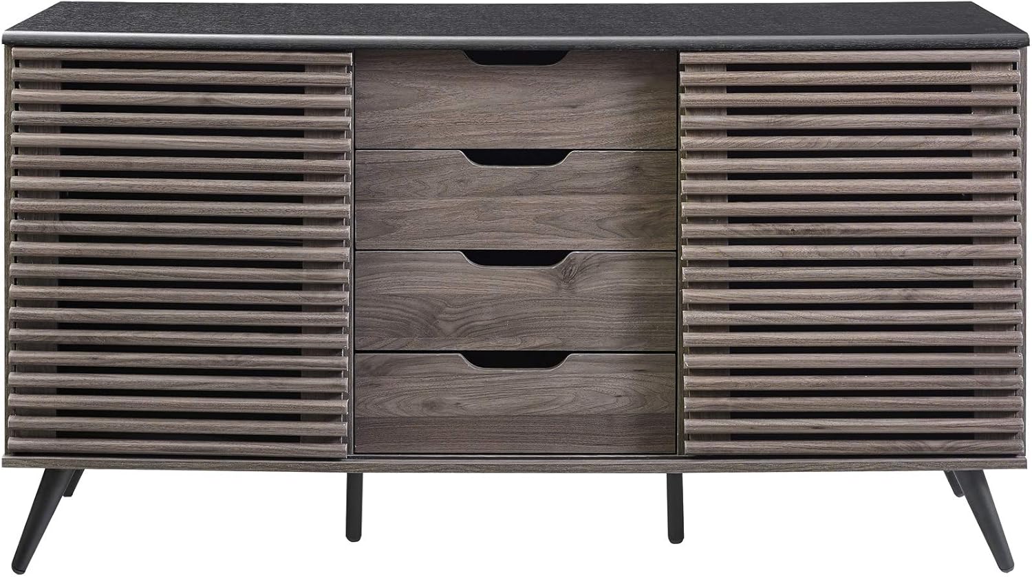 Walker Edison Modern 4 Drawer Sliding Door Wood Cabinet Buffet Entryway Serving Storage Cabinet Doors Dining Room Console, 59 Inch, Black and Slate Grey