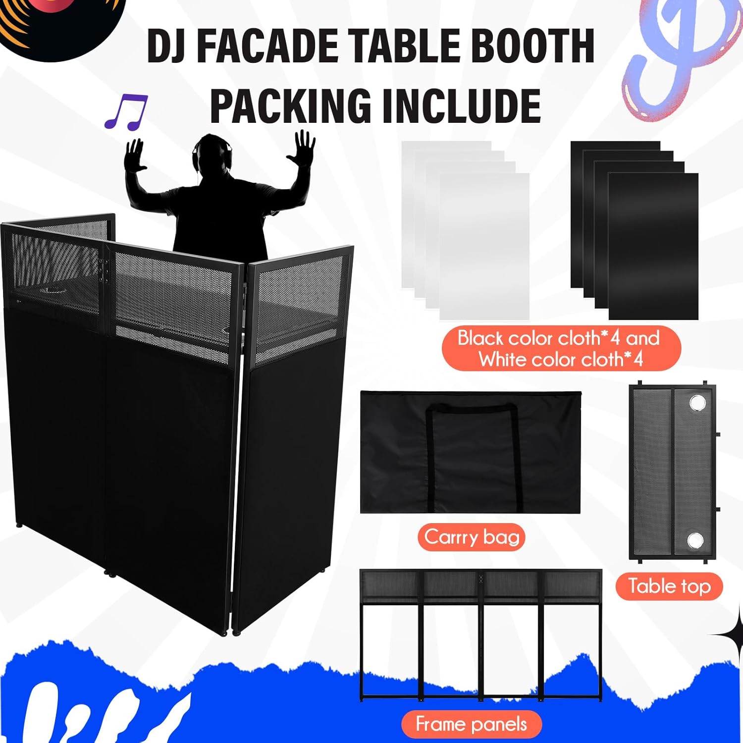 Portable DJ Facade Booth,52"L X 26"W DJ Facade with White & Black Scrim,Foldable DJ Table Station with Adjustable Feet for Party, Black Metal Frame