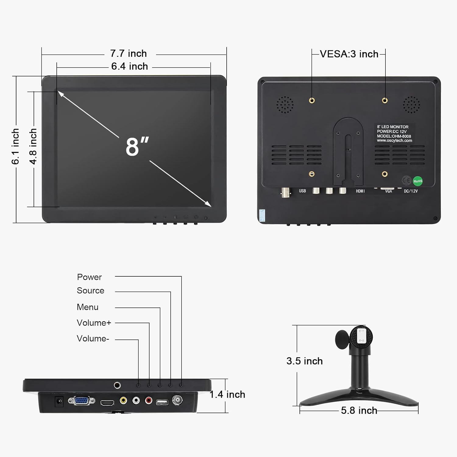 8 inch Portable Small HDMI Monitor HD 1080P VGA Monitor,Small LCD HDMI Monitor Mini Screen 1024x768,HDMI/VGA/AV Input Mini Monitor，with Speakers. Pack of 2