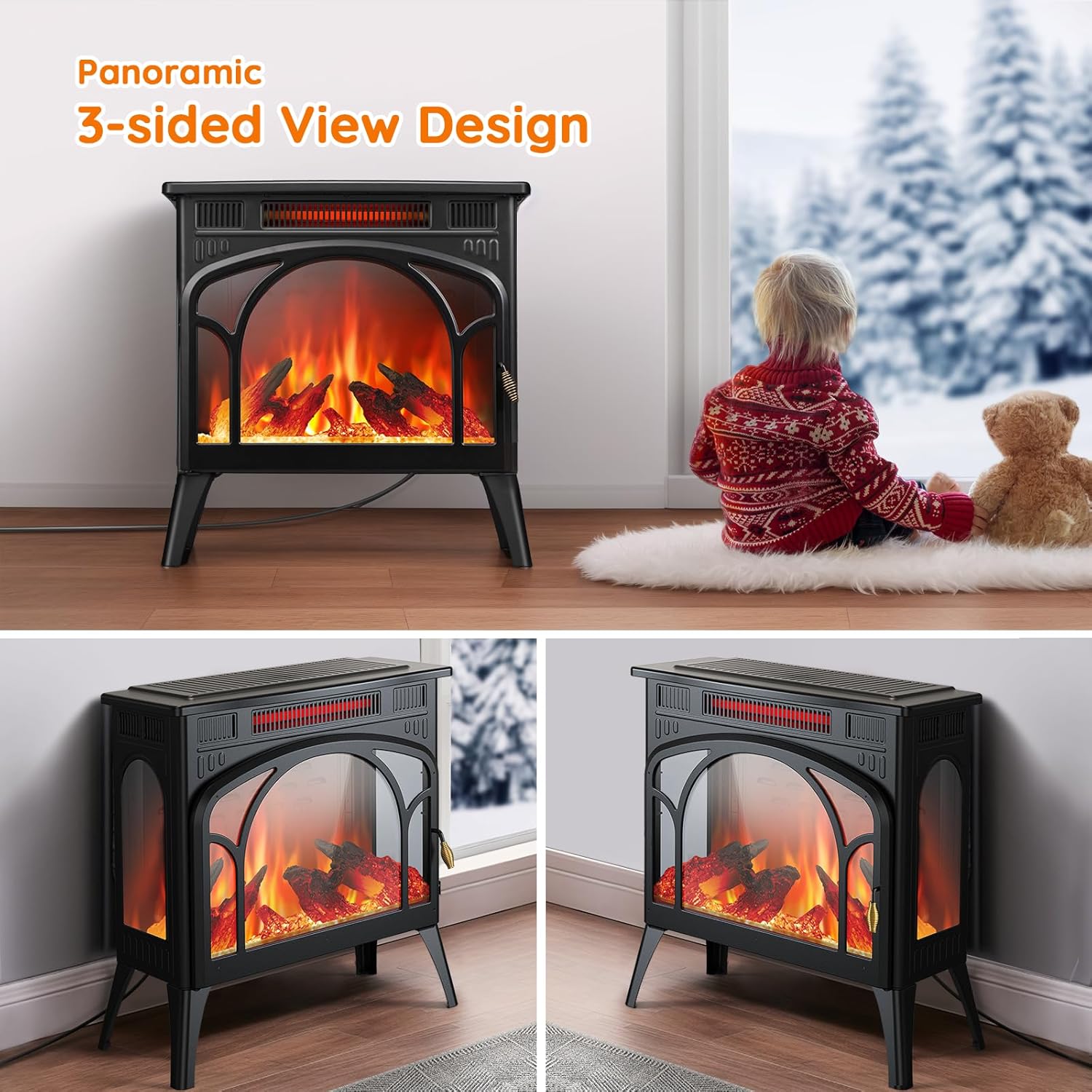 Rintuf Electric Fireplace Heater, 1500W Infrared Fireplace Stove Heater with 3D Flame Effect, 8H Timer, Space Heater Fireplace with Remote, Safety Protection, Freestanding for Indoor Use Large Room