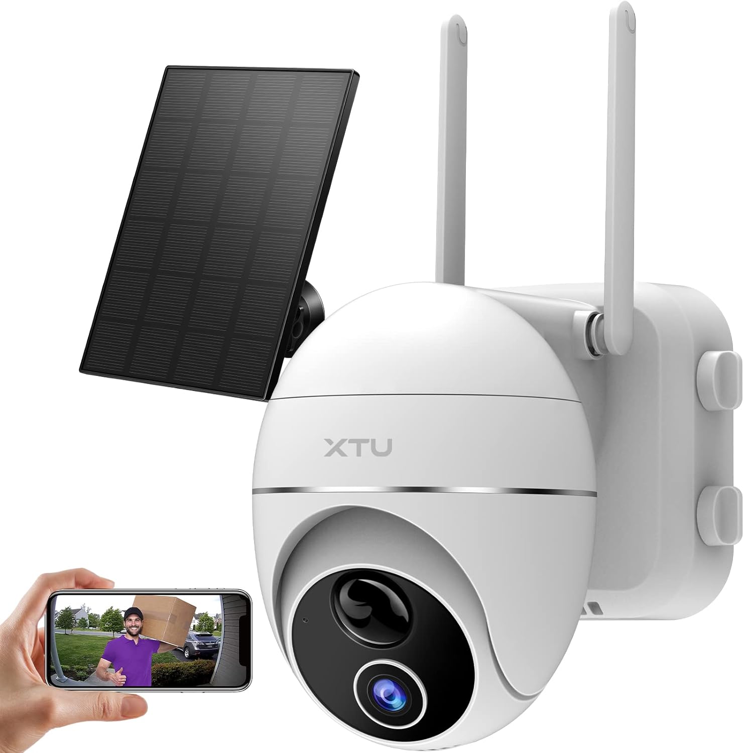 Solar Security Camera Outdoor, XTU Wireless WiFi 360° Camera Outdoor, Rechargeable Solar Powered Camera, Home Surveillance Camera with 1080P Night Vision, PIR Motion Detection, 2 Way Audio, IP66