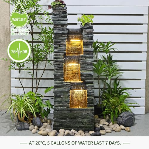 Water Fountain Outdoor Indoor - Modern Waterfall Garden Freestanding Fountain Curved Surface Artistry Design with LED Lights and Light Strip for Home Decor Patio Yard Pool,37.4 inches Tall