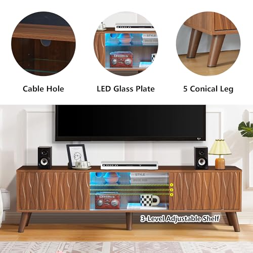 Led TV Stand and Coffee Table Set, Mid Century Modern TV Stand 65 inch TV Table Stand with Sliding Doors, Coffee Table with Storage, Marble Grain Wood Smart Large Living Room Table (Black)