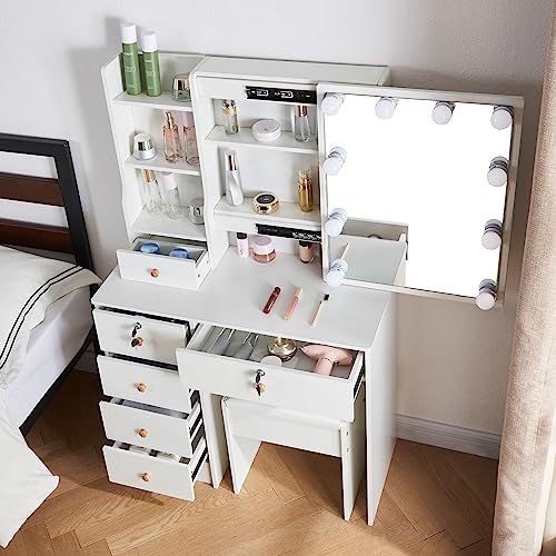 Vanity Desk Set with10 LED Lights, Makeup Vanity Table with Lighted Mirror and Charging Station, Dressing Table Desk with 5 Drawers, White Modern Vanity Set Dresser for Bedroom
