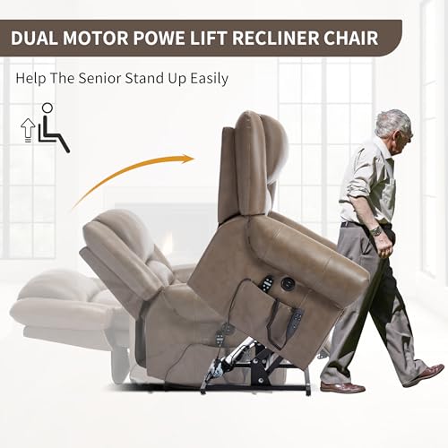 Dual Motor Power Lift Chair, Lay Flat Recliner Chair, Electric Recliner with Massage and Heat for Elderly, Remote Control, Infinite Position, Standing Assistance, USB Ports, Faux Leather, Brown