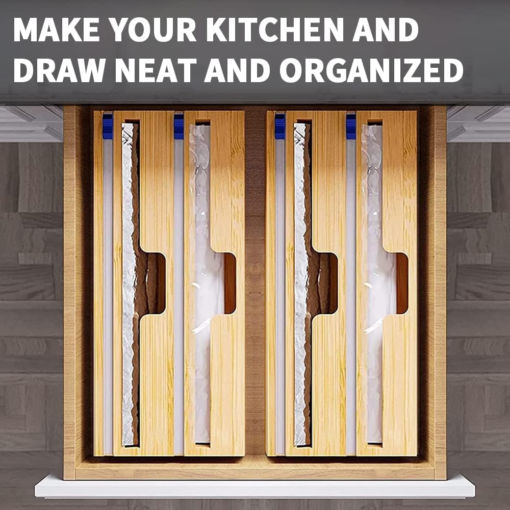 Bamboo Wood Wrap Dispenser with Slide Cutter 2 Slots Cling Cutter Aluminum Foil Organizer Dispenser for Kitchen Drawer, Wall Mount Holder Pack of 2