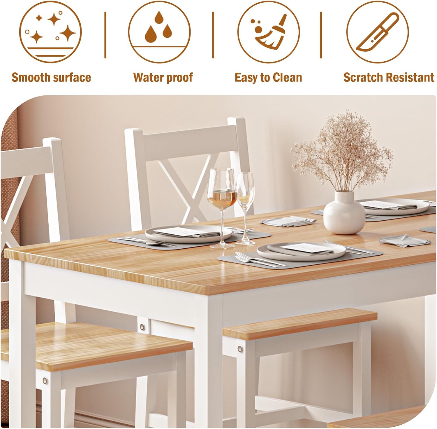 sogesfurniture Kitchen Table and Chairs for 4, Space-Saving 5-Piece Wood Kitchen Dining Table Set with 4 Chairs for Kitchen Dining Room Restaurant Small Space, White&Oak