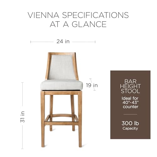 Maven Lane Vienna 26 Inch Tall Counter Height Rotating High Back Barstool in Weathered Oak Finish with Sand Color Fabric Upholstered Seat, Set of 2