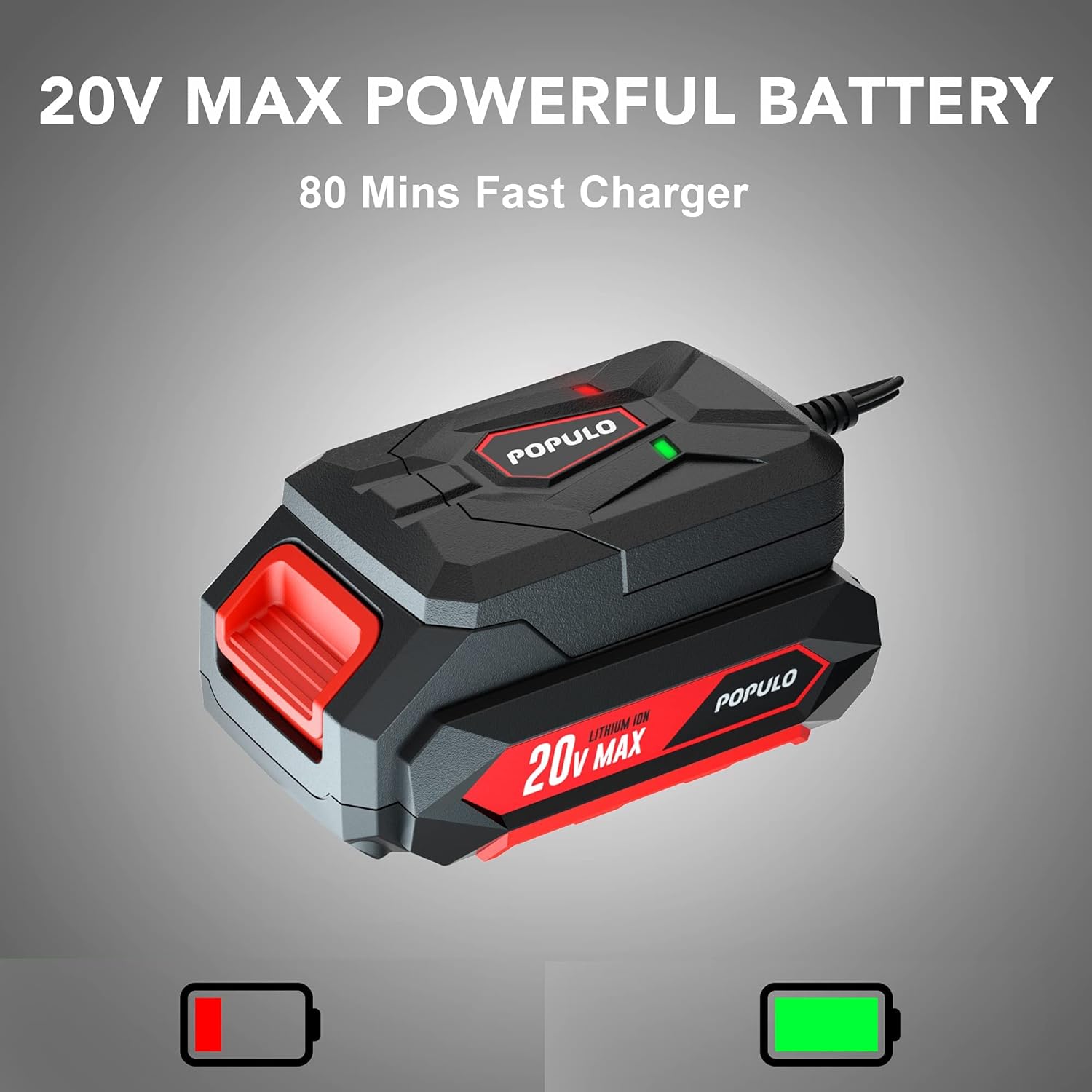 POPULO 20V Cordless Battery-Powered Leaf Blower, Lightweight and Compact Electric Blower with 2.0Ah Battery and Fast Charger Included, 150mph Wind Speed Air Blower for Lawn Care, Leaves, Snow Blowing&hellip;