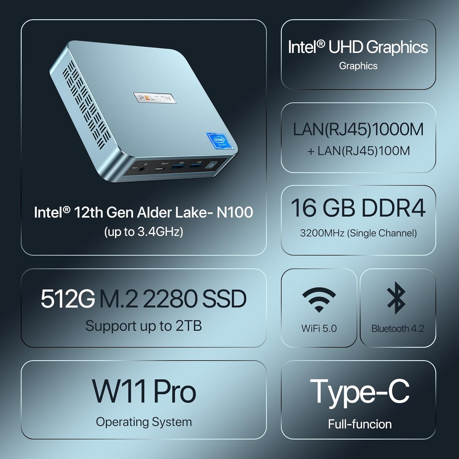 PELADN WI-6 Mini PC, Intel 12th Gen Alder Lake- N100(up to 3.4GHz), 16GB DDR4 RAM 512GB M.2 PCIe SSD, Desktop Computer Support 4K Dual Display/USB3.2/WiFi 4/BT4.2