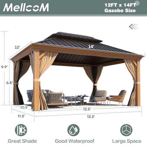 MELLCOM 12'x16' Hardtop Gazebo, Galvanized Steel Metal Double Roof Canopy with Curtains and Netting, Brown Permanent Pavilion Gazebos with Aluminum Frame for Garden, Patio, Lawns, Deck