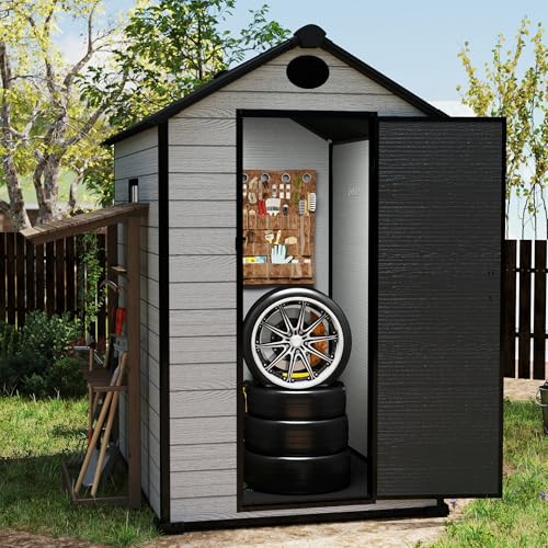 7.3 x 12 FT Shed Resin Outdoor Storage with Floor, 566 cuft Plastic Shed with Window and Lockable Door for Garden, Backyard, with Wood Texture, Grey