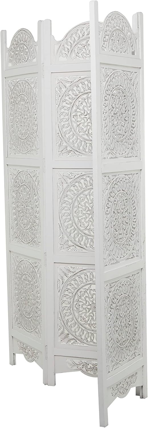Deco 79 Wood Floral Handmade Partition Room Divider Screen Hinged Foldable Partition 3 Panel Privacy Screen with Intricately Carved Designs, Room Partition 60" x 1" x 72", White