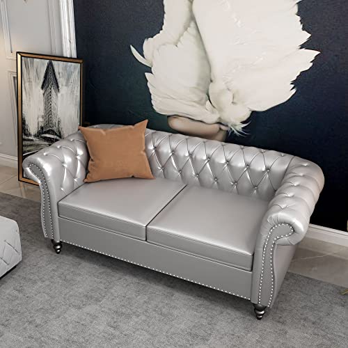 3 Piece Living Room Set, Chesterfield Velvet Sofa Loveseat Couch Chair with Scroll Arms and Nailhead for Living Room, Office (Beige, 1-2-3)