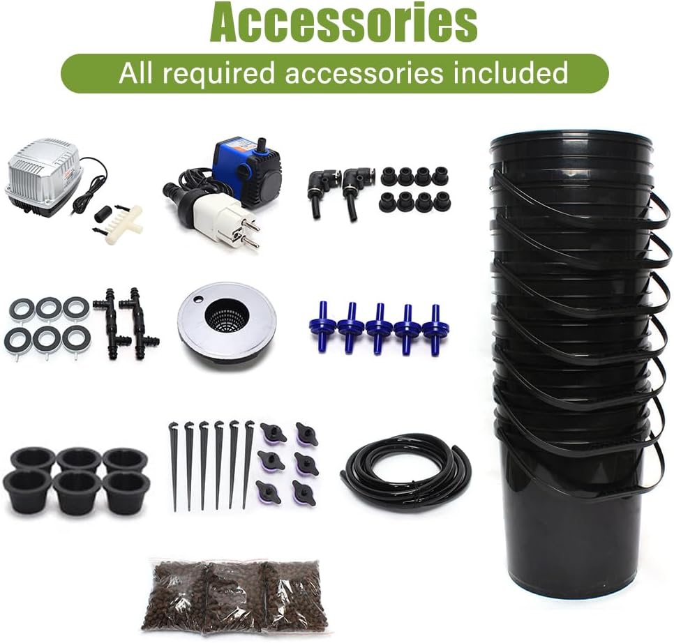 Hydroponic System, Growing System Kit 7 Bucket 5 Gallon Recirculating Deep Water Aquaculture, Hydroponic Growing Kit with Pump, Air Stone and Water Leveling Device for Indoor/Outdoor Leafy Vegetables