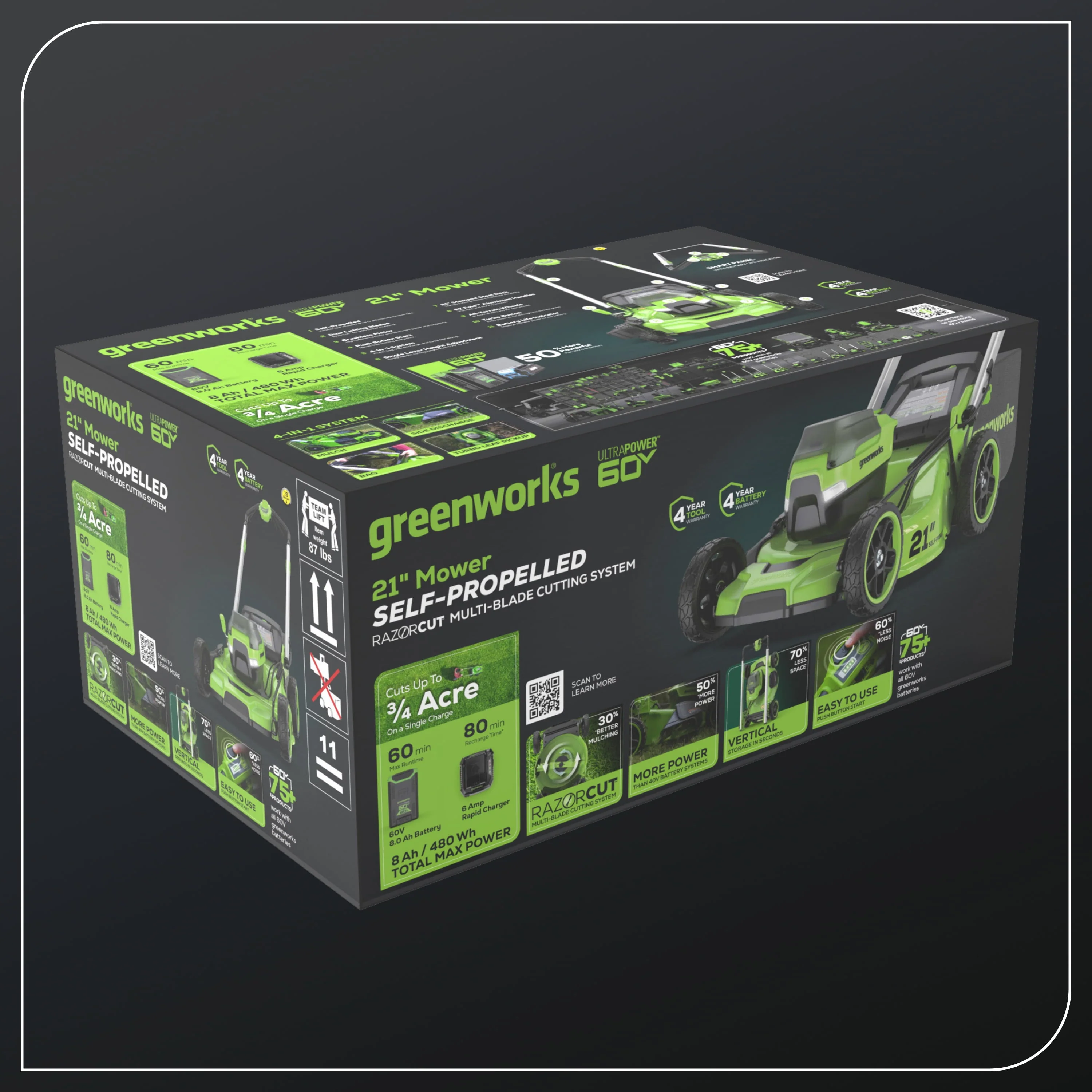 Greenworks 60V 21 Self Propelled Lawn Mower with 8.0 Ah Battery & Rapid Charger 2546402