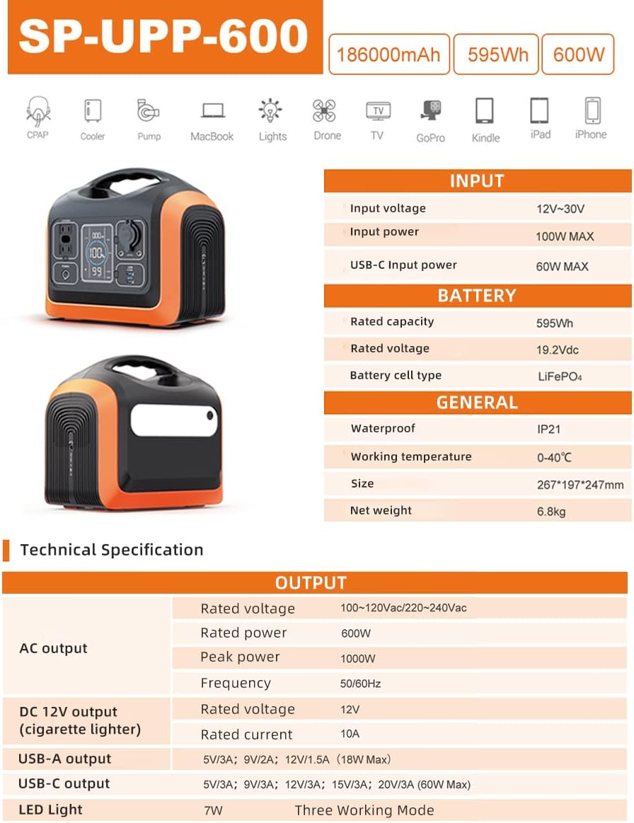 DOEJOY Portable Power Station , 595Wh Backup Lithium Battery Power, 110V/600W Pure Sine Wave AC Outlet/ DC Ports/2 USB Ports/PD 60W, Solar Generator (Solar Panel Not Included) for Outdoors Camping Travel Hunting Emergency with LED light