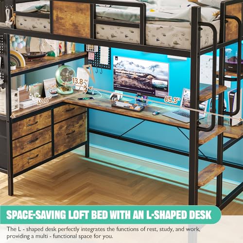 Loft Bed Twin Size, Twin Loft Bed with Desk, Metal Bunk Bed with Desk Underneath and LED Lights & Charging Station, L-Shaped Desk and Storage,5 Drawer&2 Pegboards, Safety Guard Ladder, Brown