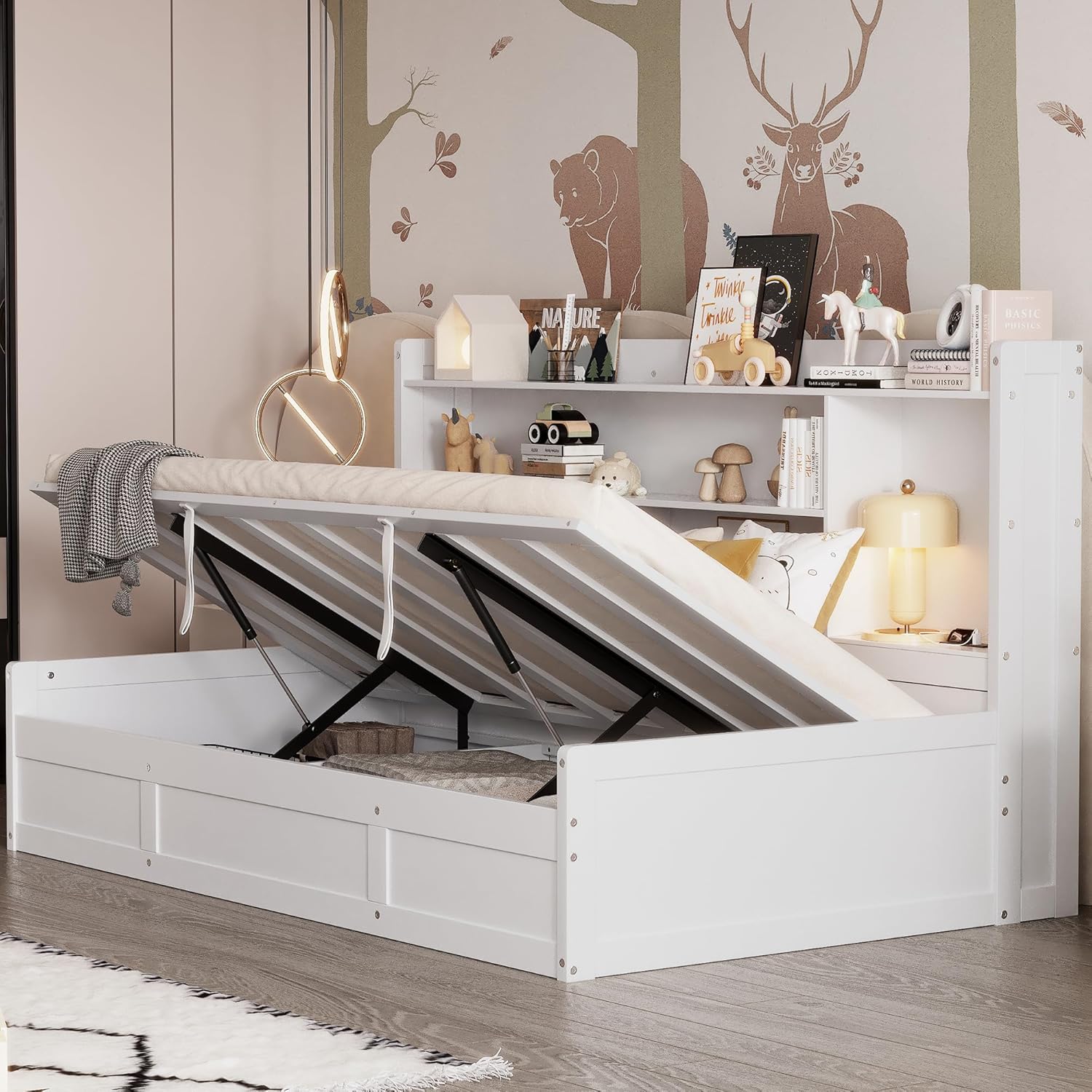 Twin Size Daybed with Storage Bookcases, Underneath Storage and USB Charging Station, Multi-Functional Hydraulic Storage Day Bed Sofa Bed for Living Room, Bedroom, Guestroom, White