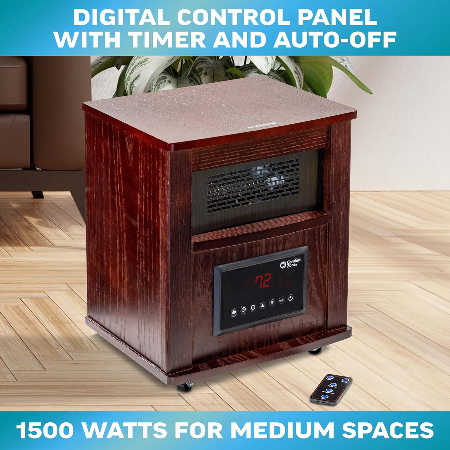Comfort Zone Wood Cabinet Space Heater with Remote, 16 inch, Adjustable Thermostat, Digital Display, Overheat Protection, Electric, Infrared Quartz, Ideal for Home, Bedroom, & Office, 1,500W, CZ2032C