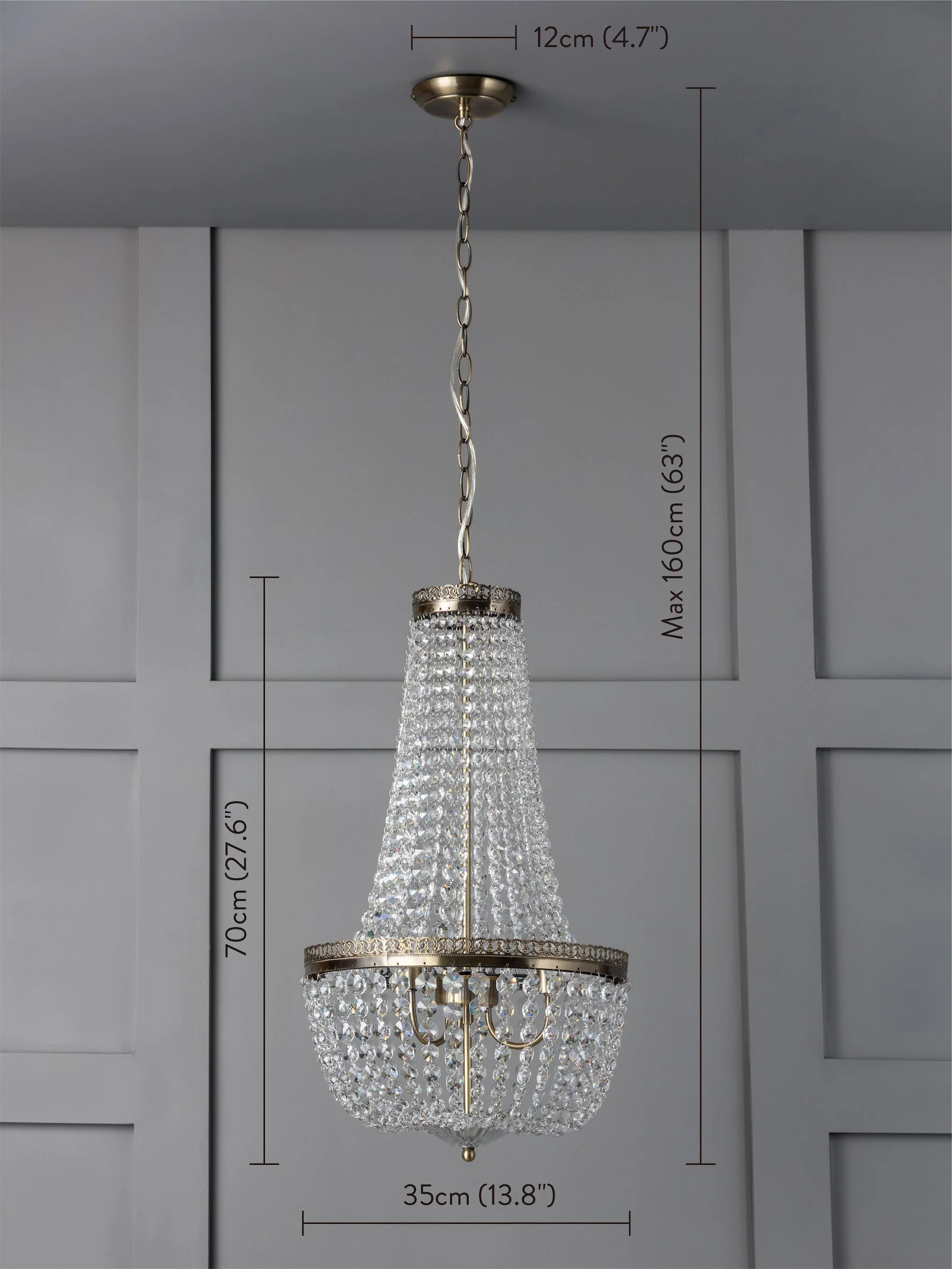 Pioni - 3 light antique brass crystal glass chandelier