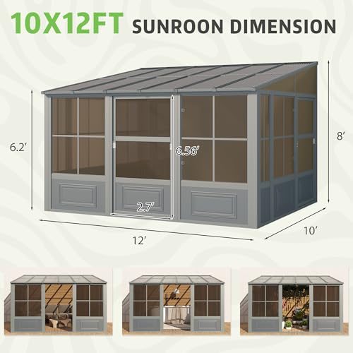 EROMMY 10' x 16' Sunroom, Wall Mounted Gazebo Solarium with Aluminum Frame, Polycarbonate Roof, Permanent Sun Room with Sliding Doors, Lockable PC Screen Walls, Lean to Gazebo for Garden, Patio, Deck