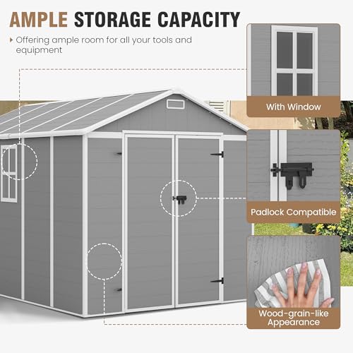 Outdoor Storage Shed, 6x6 FT Resin Shed with Floor and Lockable Door, Window, Vents, Tool Sheds and Outdoor Storage for Bike, Garden Accessories, Tools, Waterproof (Grey & White)
