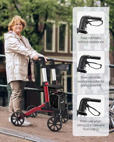 Rollator Walker with Seat, Foldable Rolling Walker with Durable Aluminum, Height Adjustable, 8" Big Wheels for All Terrain, Ergonomic Seat and Backrest,Lightweight Walkers for Seniors Adult (Red)