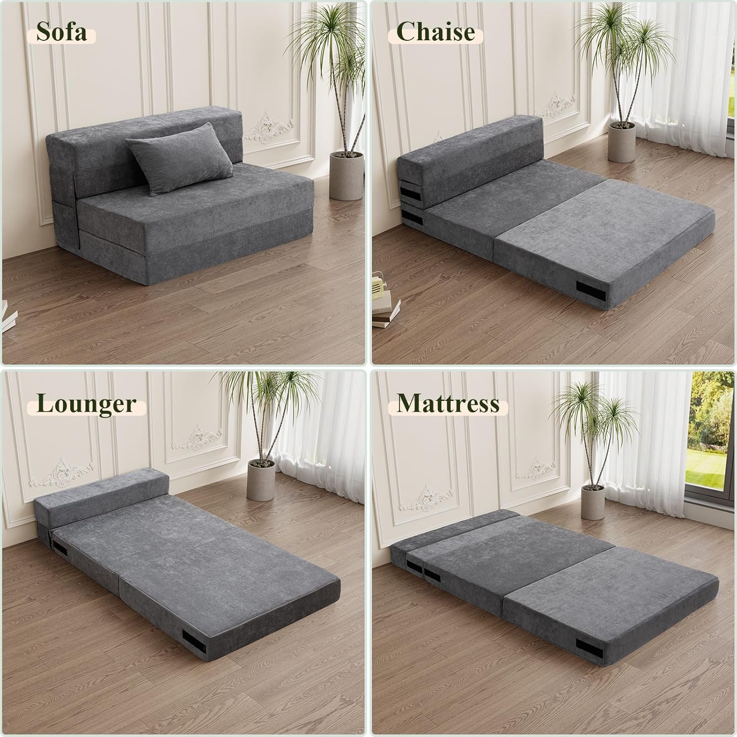 HOMFINE Folding Sofa Bed - Convertible Sleeper Chair with Pillow, Fold Out Couch, Memory Foam Floor Mattress, Futon Couch, Lazy Sofa for Living Room/Dorm/Guest Room/Home Office, Twin, Gray