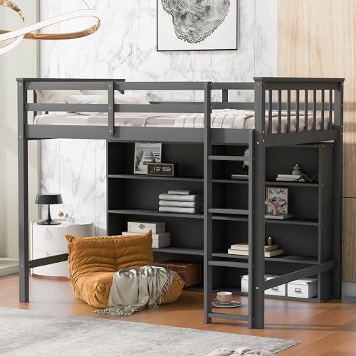 Modern Full Size Loft Bed with Cabinet and Bookshelf, Wood Loft Bed Frame with Built-in Desk and Wardrobe for Kids Teens Adults, Maximize Space (White-7.22)